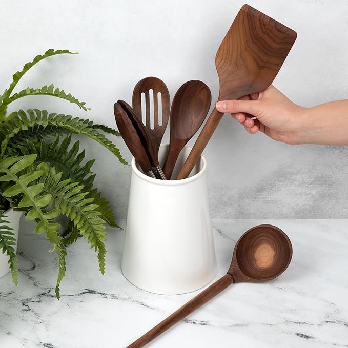 Salt & York 5-piece Walnut Wooden Kitchen Utensil Set - Includes Turner, Tongs, Slotted Spoon, Ladle, and 12" Spoon - Best Wooden Spoons for Cooking - Ideal for Nonstick Cookware