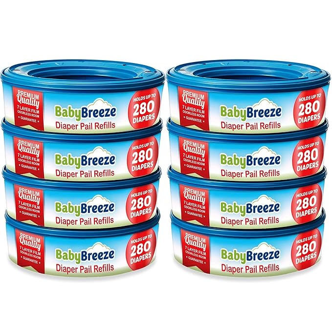 BabyBreeze Diaper Pail Refill Bags Compatible with Playtex Diaper Genie Pails Odor Absorbing Diaper Disposal Trash Bags - 2240 Count (8-Pack)