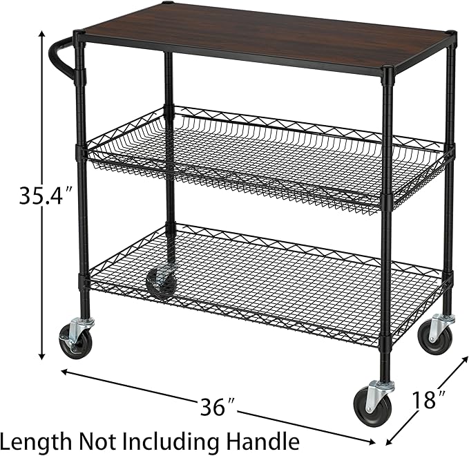 Finnhomy 3 Tier Heavy Duty Commercial Grade Utility Cart with Wood Top, Wire Rolling Cart with Wheels and Handle Bar, Kitchen Carts on Wheels, 18x36x35.4 H Metal Cart with 600 LBS Capacity, Black