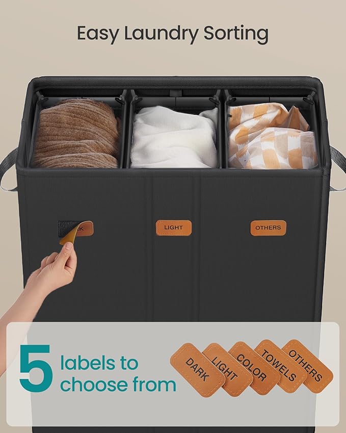 SONGMICS 42.2 Gallon (160 L) Laundry Hamper, 3-Compartment Laundry Basket Sorter with Lid, Labels, Removable Liner Bags, for Bedroom, Ink Black URLH013B01