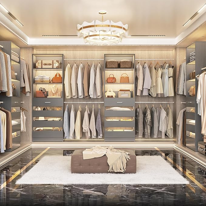 Aheaplus Closet System, 6-15Ft Closet Organizer with 8 Wooden Drawers, Wood Closet Organizer System with Tower, Walk-in Closet Organizer Wardrobe Garment Clothes Rack with 4 Hanging Rods, Grey