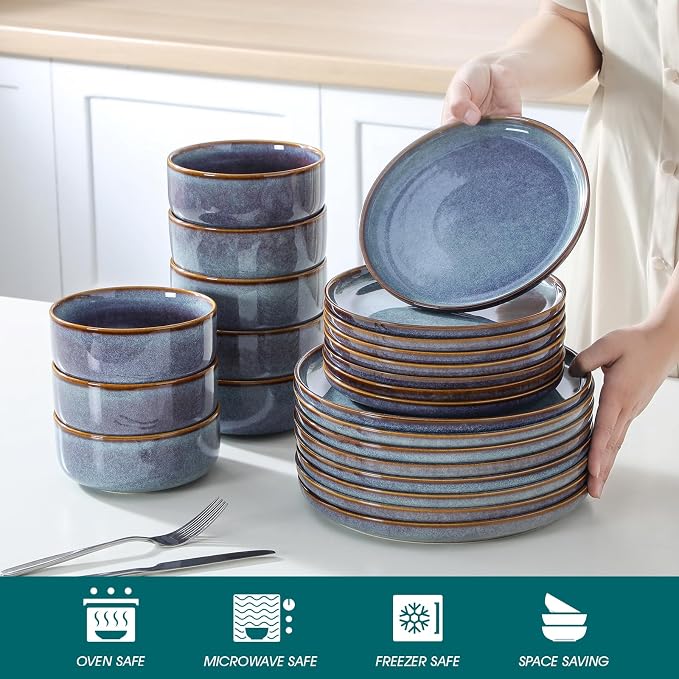 vancasso PLAYA Plates and Bowls Sets, 24 Pieces Grey-Blue Dinnerware Sets