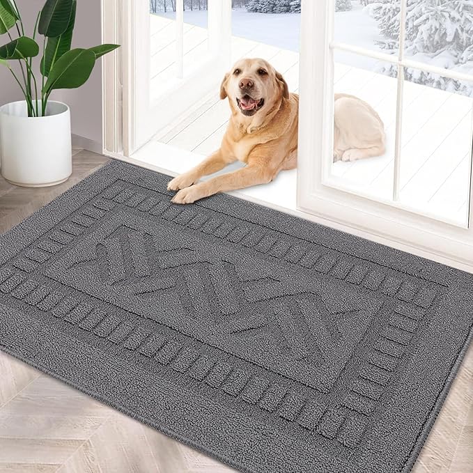 FONEYI Indoor Doormat, Front Back Door Mat Rubber Backing Non Slip Door Mats, 32"x48" Low-Profile Absorbent Resist Dirt Entryway Doormat Inside Floor Mats Entrance Washable, Entry Doormats, Grey