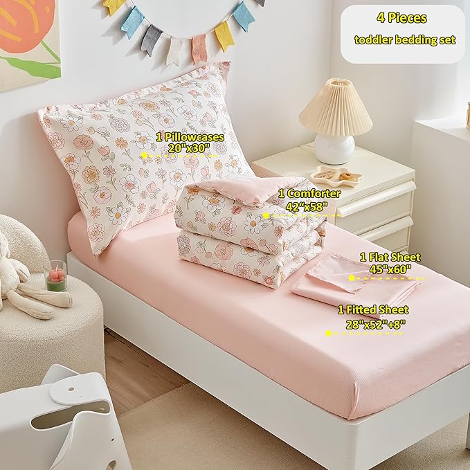 DuShow Floral 4 Piece Girls Toddler Bed Comforter Set Pink Flower Reversible Toddler Bedding Set Soft Baby Crib Bed Sheets Set in a Bag | Include Quilt Comforter,Flat Sheet,Fitted Sheet,Pillowcase
