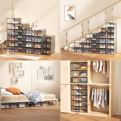 12 Pack Large Shoe Organizer Storage Boxes for Closet, Modular Space Saving Shoe Boxes Clear Plastic Stackable Sneaker Containers Display Case with Lids, Black05