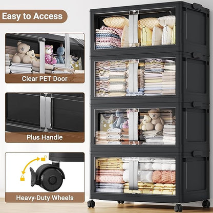 BROVIEW 640QT Stackable Storage Bins with Lids, 160Gal Extra Large Collapsible Storage Box with Wheel, Plastic Storages with Clear Door Open Front for Home Kitchen Garage, Black-4pack