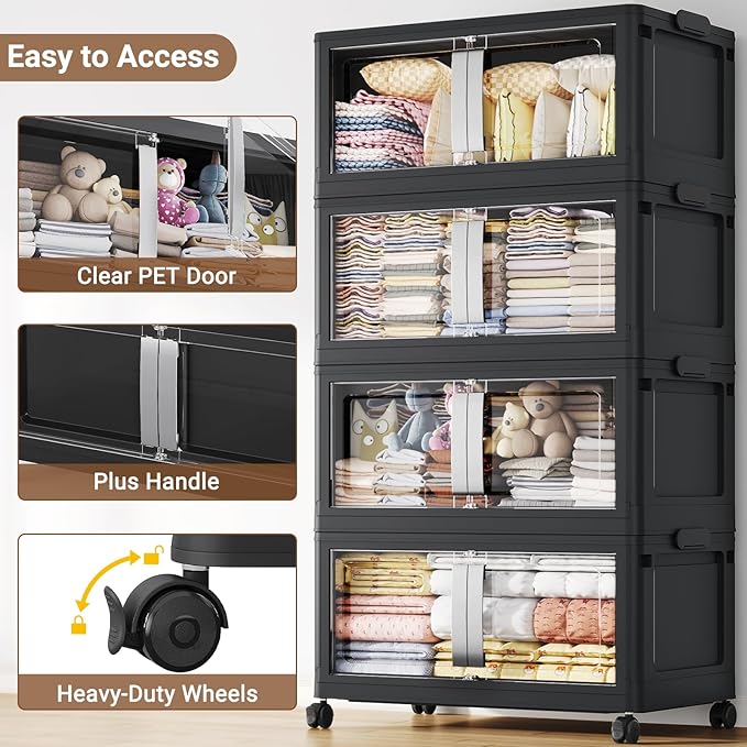 BROVIEW 160QT Stackable Storage Bins with Lids, 40Gal Extra Large Collapsible Storage Box with Wheel, Plastic Storages with Clear Door Open Front for Home Kitchen Garage, Black-1pack
