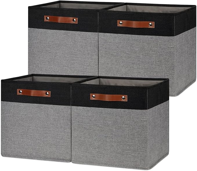 HNZIGE Storage Baskets for Organizing, Set of 4, Square Fabric Storage Cubes Bins 13 x 13, Collapsible Black Storage Bins for Shelves, Closets, Nursery, Home, Office (Black&Grey)