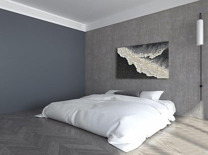 NANKAI Handcrafted Thick Texture Black and White Abstract Canvas Art Ocean Wave Beach Landscape Oil Painting Home Wall Art Deco Oil Painting 24X36 Inches