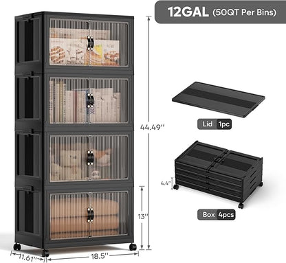 Jalove 50QT Plastic Storage Bins with lids, Stackable Collapsible Storage Containers with Wheels, Closet Organizer and Drawers, Clothes Storage Cabinet for Home Office Garage, 4 Pack Black