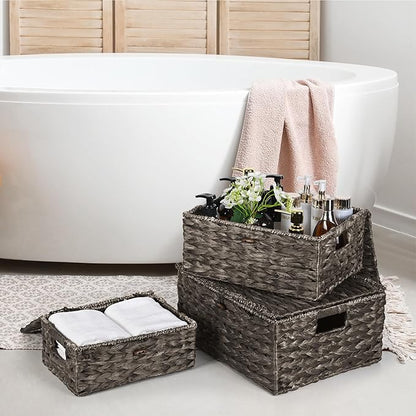 Wicker Storage Baskets with Lids and Handles, Hand Woven Rattan Storage Bins Box, Set 3 Black Water Hyacinth Decorative Large Small Basket Container for Shelves, Bathroom Organizing