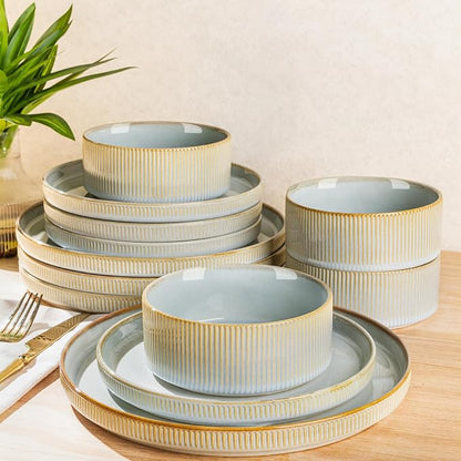 Ceramic Dinnerware Set for 4, 12-Piece Plates and Bowls Set | Lightweight