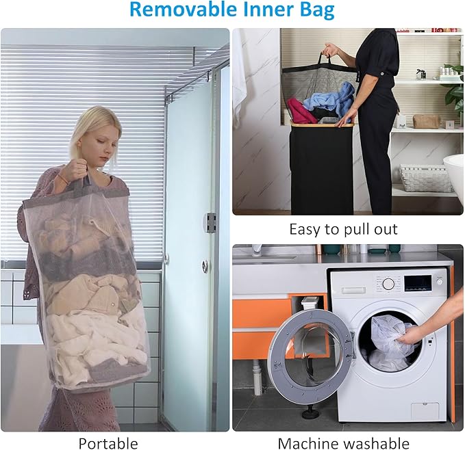 Double Laundry Hamper with Lid, Divided Laundry Hamper with Removable Bags, 2 Section Dirty Clothes Basket with Handles for Bathroom, Bedroom & Laundry Room, 160L Dove Gray