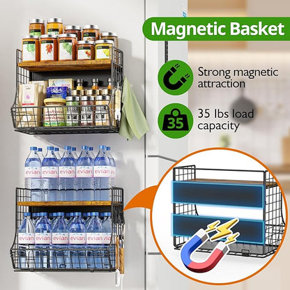 2 Pack Magnetic Shelf for Fridge with Wood Lid, Fruit Potato and Onion Storage Bins, Pantry Organizers and Storage, Strong Magnetic Spice Rack for Refrigerator, Kitchen Counter and Laundry Room
