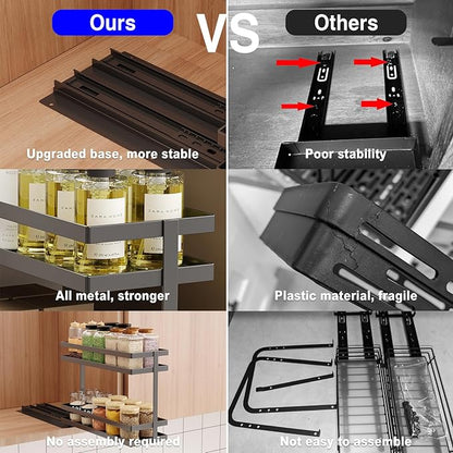 2 Pack Pull Out Spice Rack Organizer for Cabinet, 2 Tier Metal Slide Out Seasoning Organizer and Storage Heavy Duty Vertical Spice Rack Shelf Pullout for Kitchen Cabinets No Drilling (Black)