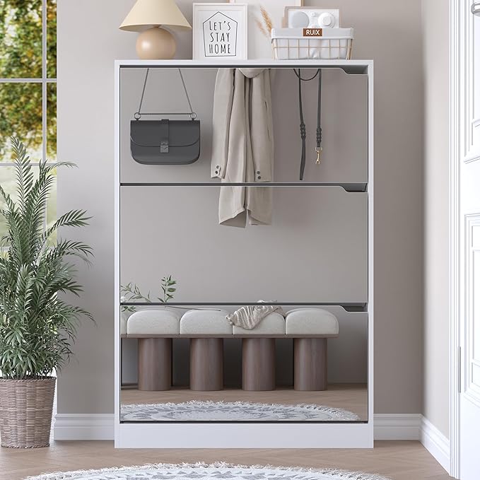 Shoe Cabinet with 3-Flip Mirror Drawers, Freestanding Shoe Rack Organizer with Hidden Handle, Slim Narrow Shoe Storage Cabinet for Entryway, Entrance, Hallway, Bedroom