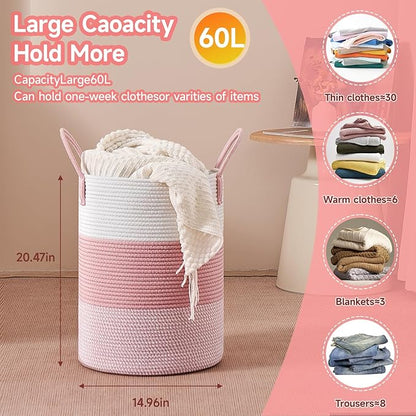 CLHMILY&Z 60L Laundry Basket Round Storage Rope Basket - 15x20.5 Inches - Pink Hamper in Bedreoom and Cute Storage Bin for Blankets, Toys, and Nursery Essentials