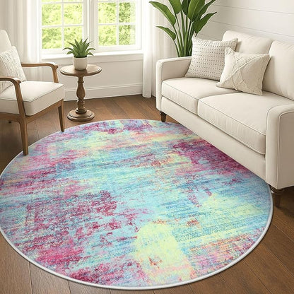 IOHOUZE Abstract Round Area Rug 6 Ft Washable Circle Rugs Large Round Rug Non Slip Thin Soft Circle Rugs, Printed Faux Wool Floor Carpet for Bedroom Living Room Dining Room Nursery, Pink Teal