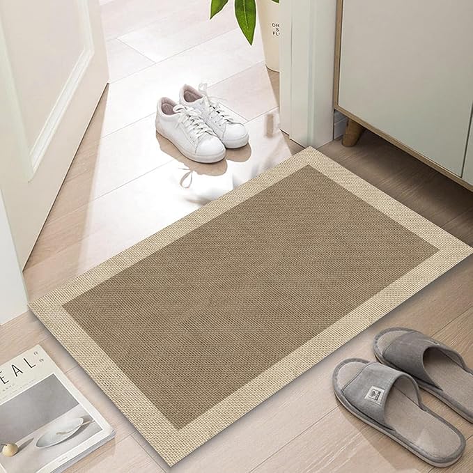 Ultra Thin Door Mat Indoor Entrance, 1/10 in Thin Door Mats for Inside Entry, Non-Slip Rubber Backing Washable Doormat, Fade Resistant, Absorbent, Low Profile Dirt Trapper, 35"X24",Brown