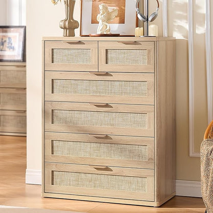 LEYAOYAO Rattan Dresser for Bedroom, 42" Tall Chest of Drawers, Modern 6 Drawers Boho Dressers with Storage, Light Oak Dresser Wooden Closet Organizer for Living Room, Hallway, Natural Wood