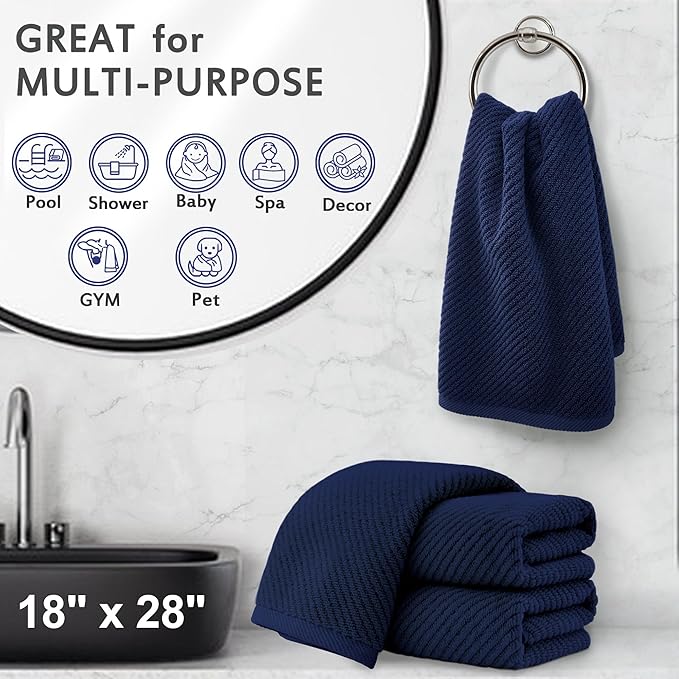 VOOVA & MOVAS Bathroom Hand Towels Set of 4, 18"x 28" - 100% Cotton | Lightweight | Thick | Quick Dry | Soft | Absorbent, Blue Hand Towels for Bathroom, Towel Gift Set, Navy Blue