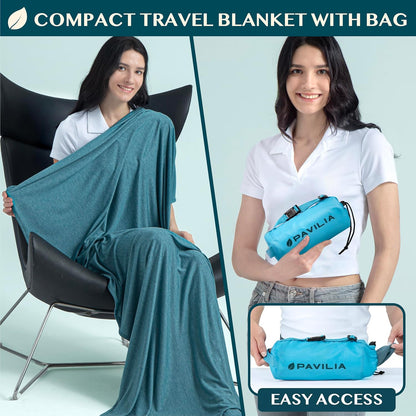 PAVILIA Travel Blanket Airplane Compact with Bag, Soft Packable Plane Blanket Kids Adults, Portable Camping Flight Essentials, Travelers Gifts Accessories, Luggage Backpack Strap, 65x40 Teal Blue