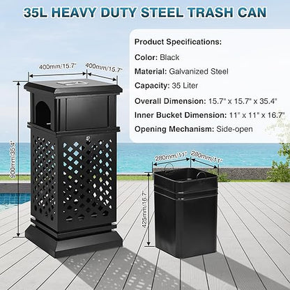 IRONWALLS Indoor/Outdoor Trash Can with Lid, Heavy Duty Steel Garbage Can with Removable Bin, Locking Lid, 16”x16”x35.4” Dual Sided-Open Commercial Trash Can Large for Patio, Backyard, Office, Black