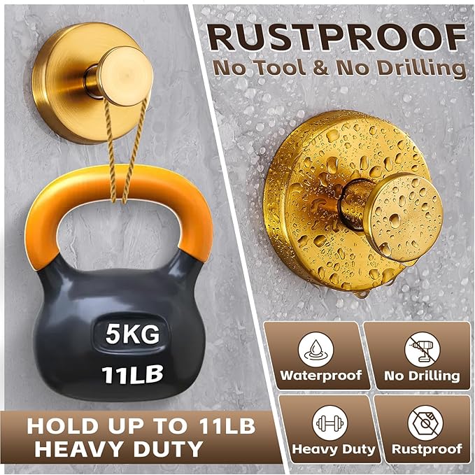 Reusable Heavy Duty Suction Cup Hooks for Kitchen/Bathroom/Shower - Wet-Proof Hooks for Towels, Robes, Loofah&Wreaths/No Drill Mounting on Glass, Tile, Metal (2, Brushed Gold)