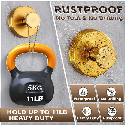 Reusable Heavy Duty Suction Cup Hooks for Kitchen/Bathroom/Shower - Wet-Proof Hooks for Towels, Robes, Loofah&Wreaths/No Drill Mounting on Glass, Tile, Metal (2, Brushed Gold)