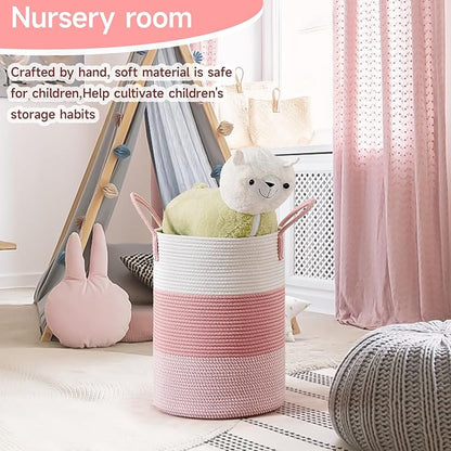 CLHMILY&Z 60L Laundry Basket Round Storage Rope Basket - 15x20.5 Inches - Pink Hamper in Bedreoom and Cute Storage Bin for Blankets, Toys, and Nursery Essentials