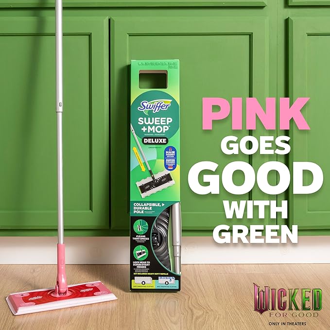 Swiffer Sweep and Mop Deluxe, Limited Edition Pink Wicked: for Good, 2-in-1 Floor Mopping and Sweeping Kit, 1 Sweeper Device, 5 Heavy Duty Dry Sweeping Cloths, 3 Heavy Duty Wet Mopping Cloths