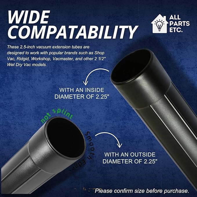2.5 Inch Vacuum Extension Wands 19" Long for Shop Vac, Rigid, Vacmaster, Workshop & More | 2-Pack Wet or Dry Hose Extension, Compatible with 2 1/2" Vacuum Attachments and Accessories