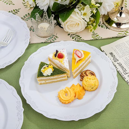 DaYammi 60PCS White and Silver Plastic Plates, Heavy Duty White and Silver