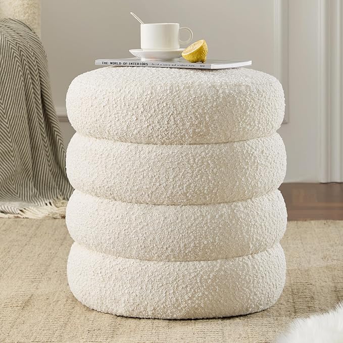 Round Ottoman with Storage Boucle Ottoman Stool with Storage Removable Lid for Living Room Modern Vanity Sorage Stool Foot Rest Bedroom Dorm Gift Set of 1 (White)