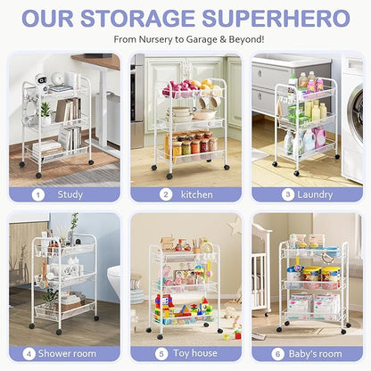 TOOLF 3-Tier Metal Rolling Cart, Mesh Wire Easy Assemble Utility Cart, Storage Trolley on Wheels with 3 Hooks, MetalStorage Shelving Units for Kitchen Bathroom Laundry Room