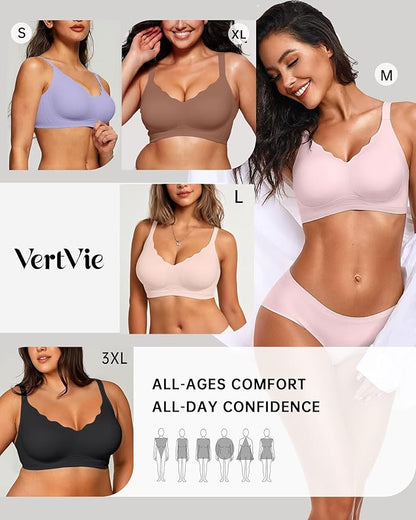 Vertvie Womens Seamless Bras No Underwire Supportive Wireless Push Up Full Coverage Bralette Comfort Scalloped T-Shirt Bra