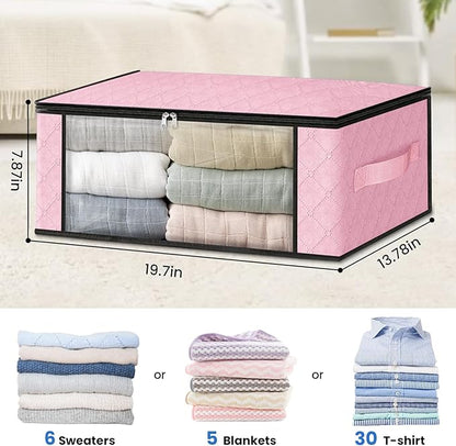 HomeHacks Storage 3-Pack Clothes Organizer Storage Bags Foldable Storage Box with Large Clear Window Sturdy Handles for Closet, Dorm, Pillows, Bedding, Clothes, Blankets, 35L, Pink