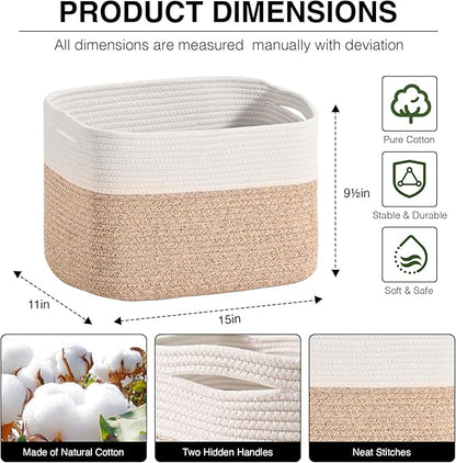 Woven Cotton Rope Storage Basket for Organizing, Cute Decorative Baskets for Gifts Empty, Organizer Bins for Dog Toy, Baby Laundry, 15“×11”×9.5“, Off White & Brown
