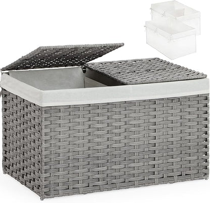 Storage Basket with Lid Rattan, Woven Storage Baskets with 2 Separate Lids, 17.2 Gallon (65 L), 22.2 x 13 x 13.8 Inches, Foldable, 2 Removable Liner Bags Handles for Bedroom, Laundry Room Gray