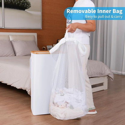 efluky Laundry Hamper with Lid, 100L Tall Laundry Basket with Bamboo Handles for Clothes and Toys, Collapsible Laundry Hamper with Inner Bag for Bedroom and Bathroom, White