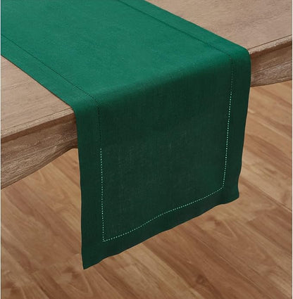 Solino Home Linen Rainforest Green Hemstitch Table Runner 36 Inches - 100% Pure Linen Small Table Runner 14 x 36 Inch Ideal for Dresser and Coffee Tables - Classic Hemstitch - Christmas, New Year