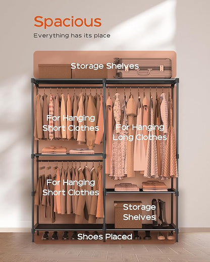 Clothes Rack, Portable Closet, 54.3 Inch Large Capacity Wardrobe Closet, Clothes Storage Organizer with Shelves and 3 Hanging Rods, Easy to Assembly, Black PCT022B01