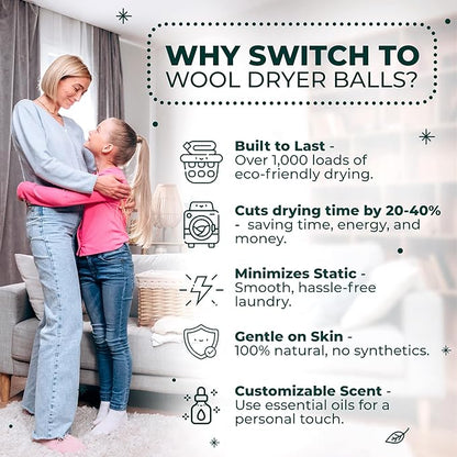 No More Dryer Sheets! Reusable Wool Dryer Balls XL 6-Pack - Reduces Static, Cuts Dry Time, & Softens Naturally