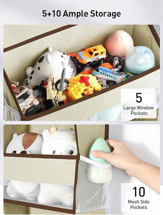 Yecaye 2 Pc Over the Door Organizer with 5 Bins 10 Side Pockets, 44lbs Load Hanging Bathroom and Bedroom Organizer, behind the Door Hanging Organizers for Nursery Newborn Baby Essential Stuff Beige