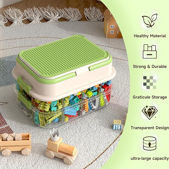 Toy Storage Organizer Box with Handle, Stackable Building Block Toy Box with Building Plate Lid & Removable Sorting Trays, Cubby Bins and Containers 2 Layer (Green)