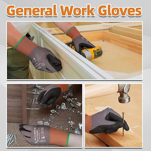Schwer 12 Pairs Safety Work Gloves with Sandy Nitrile Coating LT5626, Max Abrasion Resistance Heavy Duty Gloves with Grip for Men Women, Ideal for General Use, Mechanic, Construction, Gardening, XS