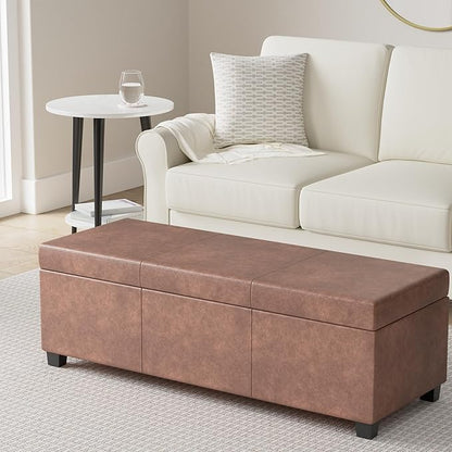 SIMPLIHOME Avalon 48 inch Wide Contemporary Rectangle Storage Ottoman Bench in Distressed Umber Brown Vegan Faux Leather, Assembled, For the Living Room, Entryway and Family Room