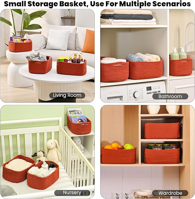 Small Red Woven Baskets for Organizing, Basket for Gifts Empty, Cotton Rope Baskets for Storage, Organizer Bins for Organization, 13"×8.5"×5.1" (3 Packs) Brick Red