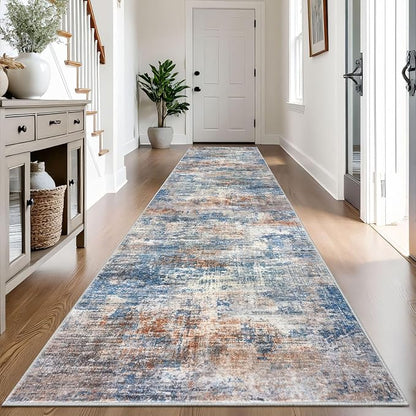 IOHOUZE Abstract Runner Rug 3x14 Ft Long Washable Runners for Hallways, Non Slip Kitchen Runner Printed Faux Wool Entryway Runner Indoor, Modern Abstract Floor Carpet for Hall Stair, Blue Rust