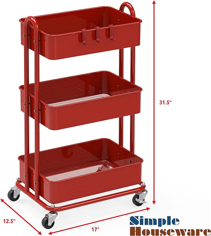 Simple Houseware 3-Tier Heavy Duty Metal Utility Rolling Cart, Red